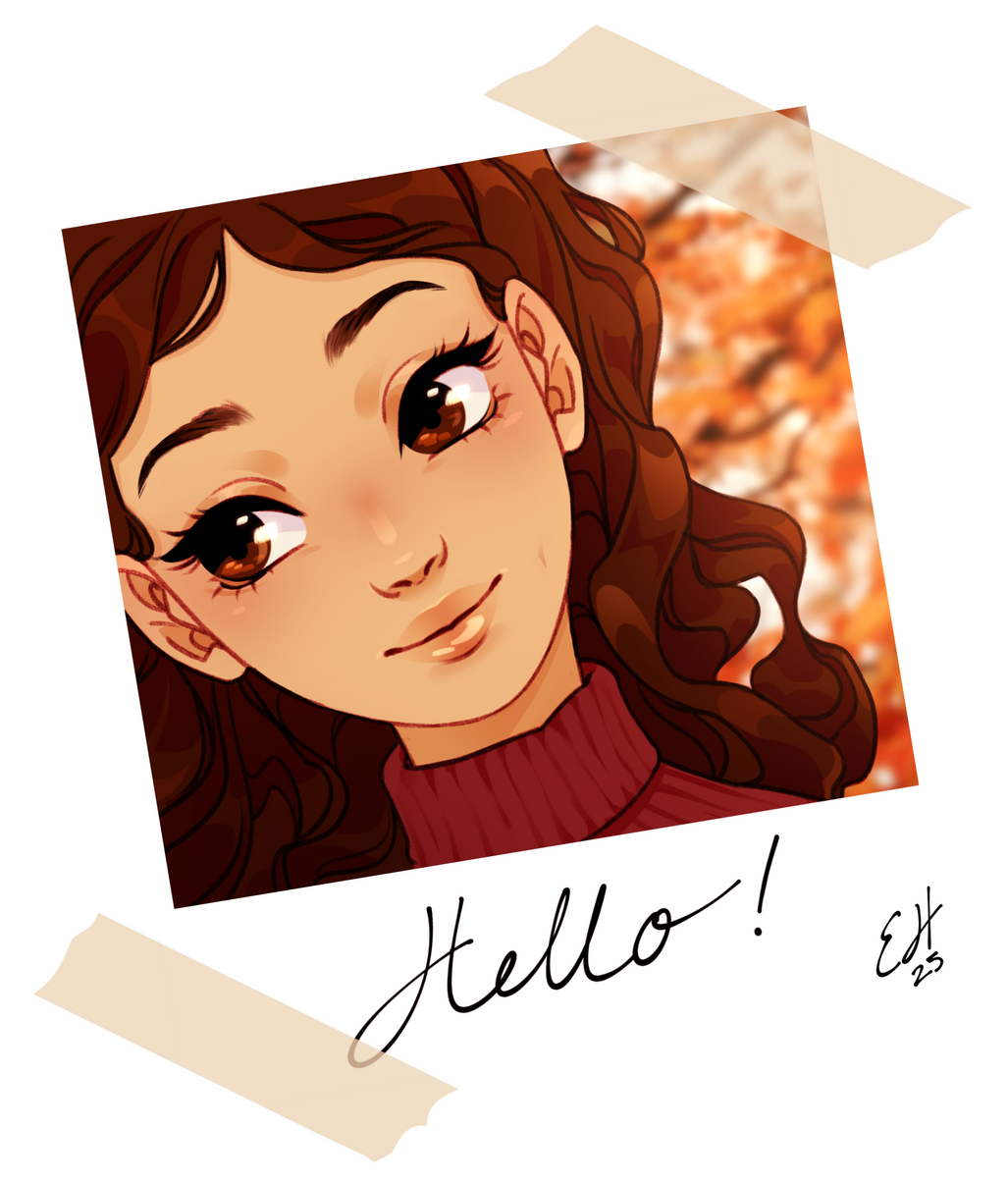 Hello! A stylized self portrait of Ellie Howland made to look like a polaroid print that was taped up on the website. She's wearing a red sweater with autumn trees visable behind her.