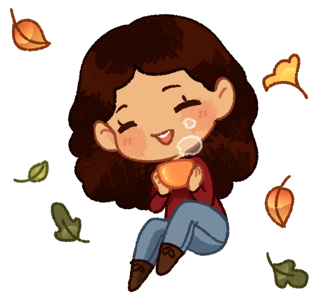 About Me A chibi style self portrait of Ellie Howland. She's wearing a red sweater, blue jeans and boots with autumn leaves falling around her.